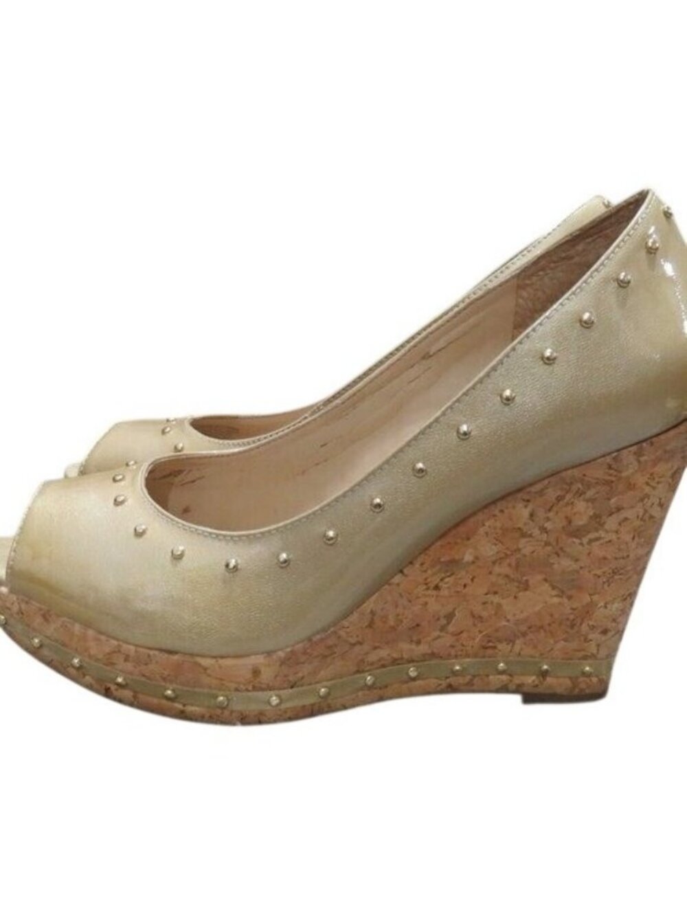 Antonio Melani Studded Cork Wedge Peep-Toe heels Sandals tan beige taupe sz 9